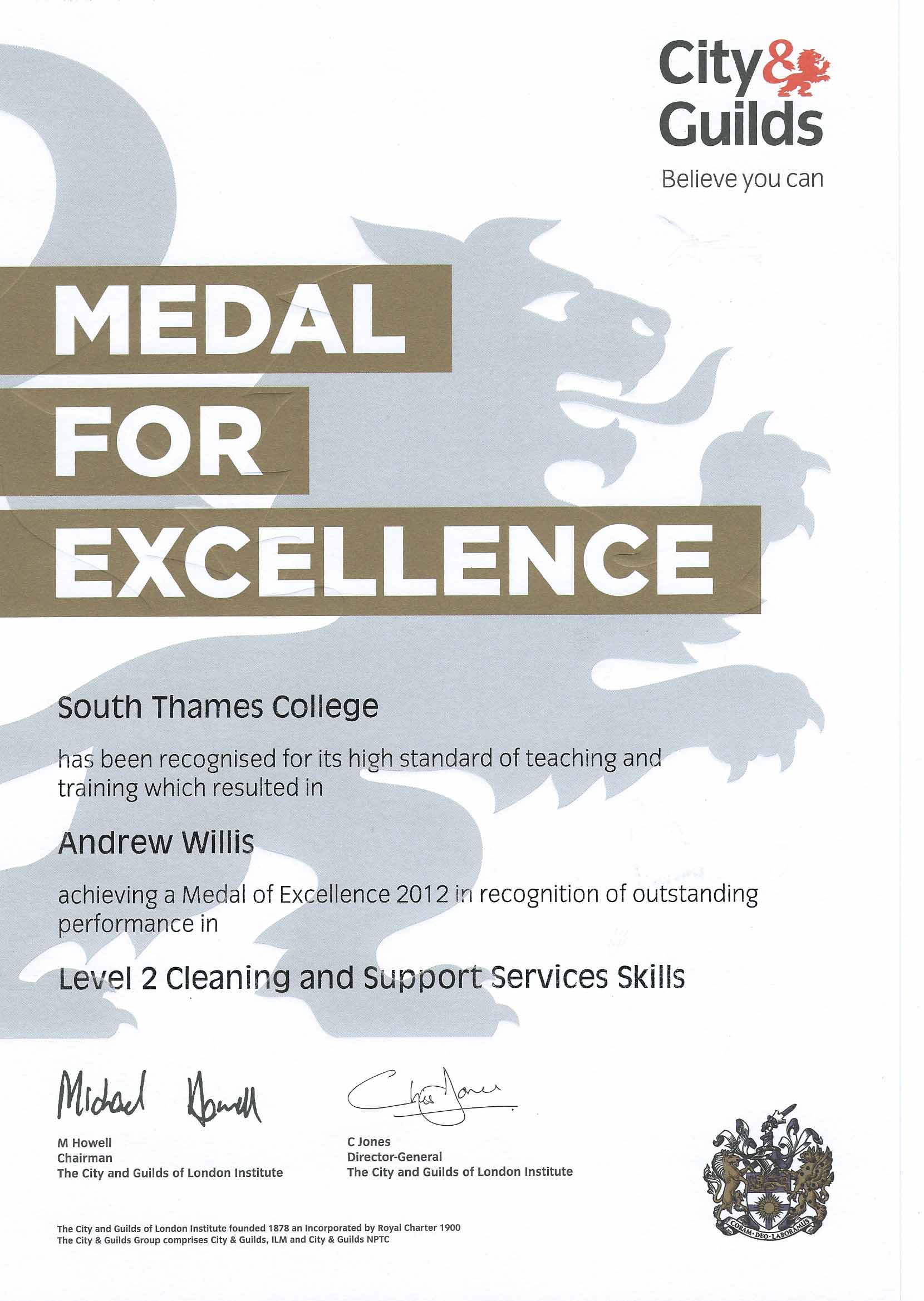 City and Guilds Level 2 Gold Medal in Cleaning Services